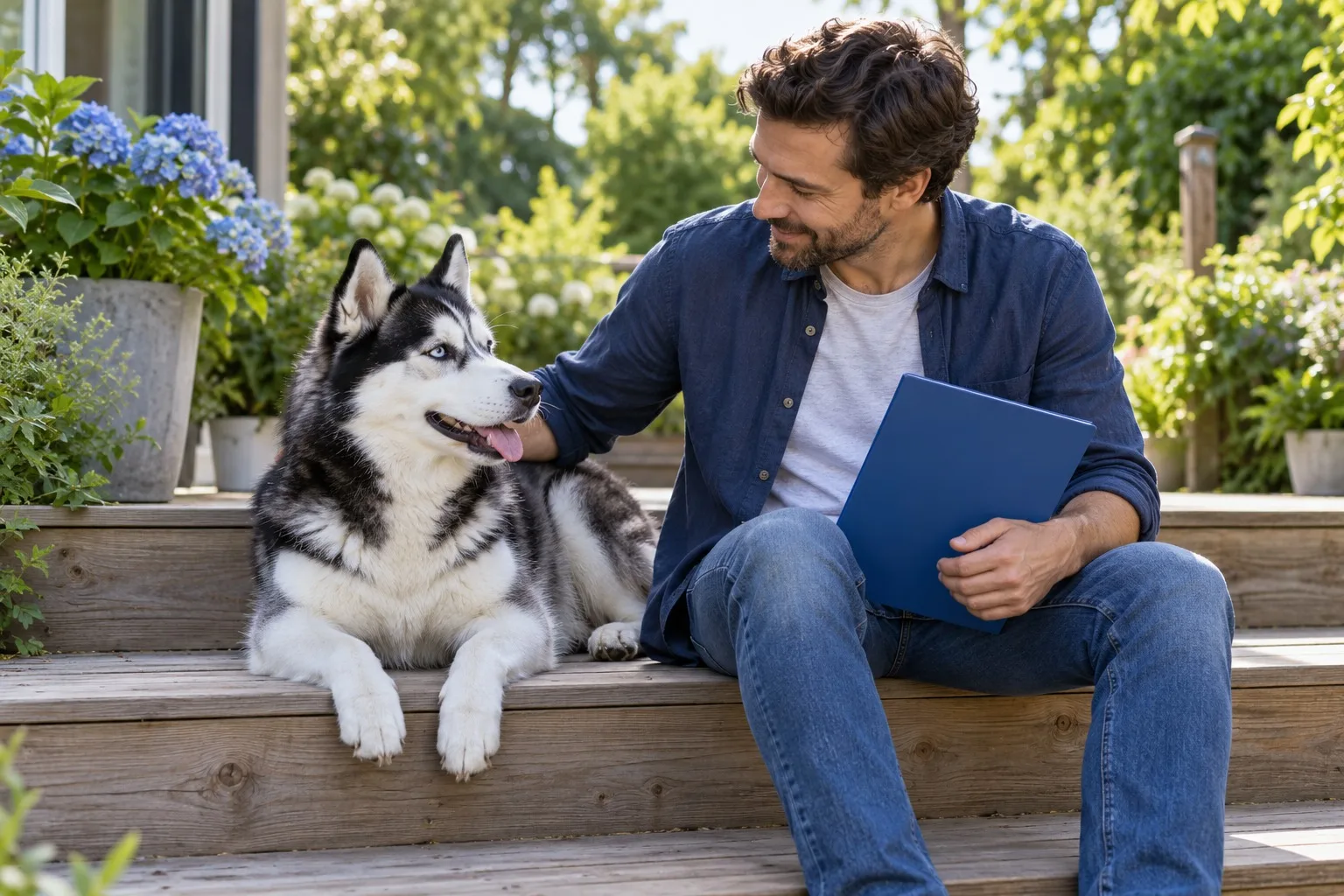 Black-and-white Husky beside its owner on leafy garden steps